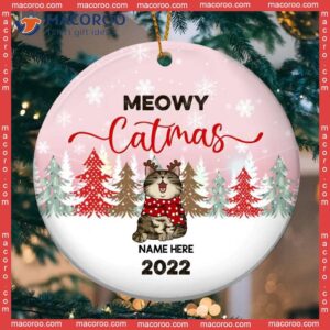 Meowy Catmas 2022 Circle Ceramic Ornament, Personalized Cat Lovers Christmas Decorative Pinky Sky With Color Pine Tree