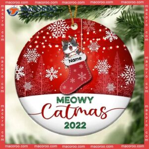 Meowy Catmas 2022 Xmas Stocking Circle Ceramic Ornament, Personalized Cat Lovers Decorative Christmas Ornament