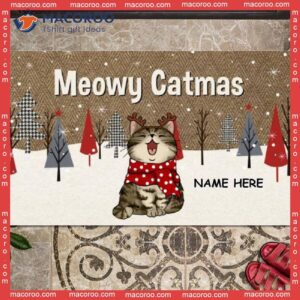 Meowy Catmas Argyle Pattern Coir Yarn Outdoor Door Mat,christmas Personalized Doormat, Gifts For Cat Lovers