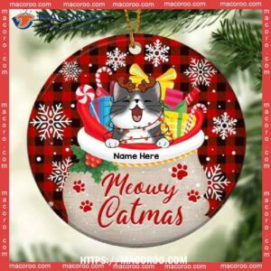Meowy Catmas Cat In Santa’s Bag Red Plaid Circle Ceramic Ornament, Grey Cat Ornaments