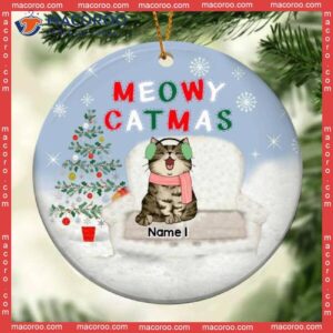 Meowy Catmas Cat On Sofa Blink Circle Ceramic Ornament, Personalized Lovers Decorative Christmas Ornament