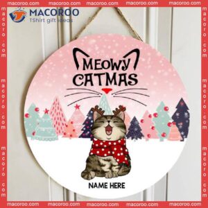 Meowy Catmas, Christmas Cat With Pine Trees, Pinky, Personalized Wooden Signs