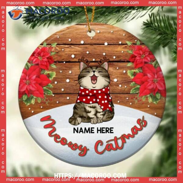 Meowy Catmas Circle Ceramic Ornament, Cat With Christmas Flower, Personalized Lovers Decorative Ornament, Personalized Cat Ornaments