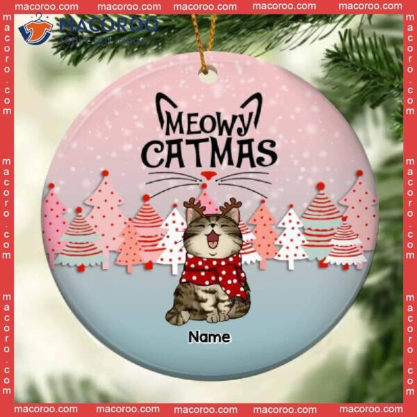 Meowy Catmas, Circle Ceramic Ornament, Pine Forest Bauble, Personalized Cat Breeds Lovers Gifts