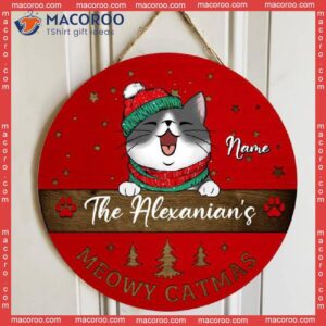 Meowy Catmas Door Hanger, Personalized Cat Breeds And Family Name Wooden Signs, Xmas Gifts For Lovers