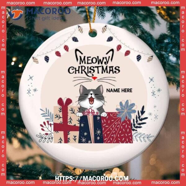 Meowy Catmas Gift Boxes Pastel Pink Circle Ceramic Ornament, Cat Lawn Ornaments