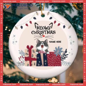 Meowy Catmas Gift Boxes Pastel Pink Circle Ceramic Ornament, Personalized Cat Lovers Decorative Christmas Ornament
