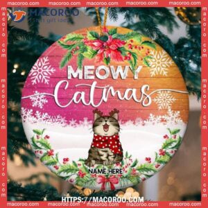 Meowy Catmas Pink & Yellow Fade Wooden Circle Ceramic Ornament, Cat Ornaments For Christmas Tree