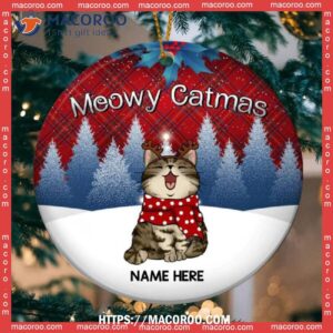 Meowy Catmas Red Plaid Blue Tree Circle Ceramic Ornament, Bengals Christmas Ornaments