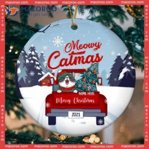 Meowy Catmas Red Truck Blue Tones Circle Ceramic Ornament, Personalized Cat Lovers Decorative Christmas Ornament
