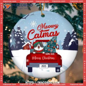 Meowy Catmas Red Truck Blue Tones Circle Ceramic Ornament, Personalized Cat Ornaments