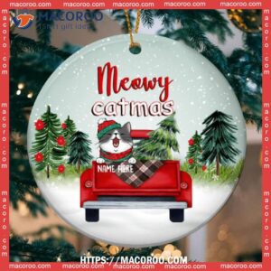 Meowy Catmas Red Truck Mint Sky Circle Ceramic Ornament, Cat Christmas Tree Ornaments