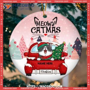 Meowy Catmas Red Truck Pink Sky Circle Ceramic Ornament, Grey Cat Ornaments