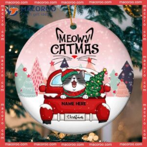 Meowy Catmas Red Truck Pink Sky Circle Ceramic Ornament, Personalized Cat Lovers Decorative Christmas Ornament