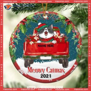 Meowy Catmas Red Truck Starry Night Circle Ceramic Ornament, Cat Tree Ornaments