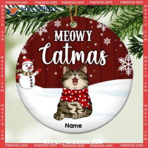 Meowy Catmas, Snowman Circle Ceramic Ornament, Personalized Christmas Cat Breeds Ornament, Bengals Christmas Ornaments
