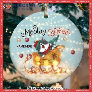 Meowy Catmas Stanta’s Sleigh Lights Circle Ceramic Ornament, Hallmark Cat Ornaments