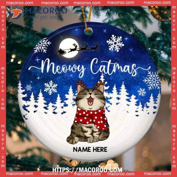 Meowy Catmas White Pine Tree Blue Circle Ceramic Ornament, Cat Christmas Tree Ornaments