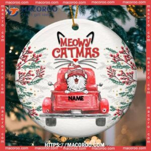 Meowy Catmass, Red Truck Circle Ceramic Ornament, Cat Lawn Ornaments