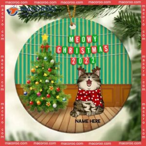 Meowy Christmas 2022 Green Stripes Wall Circle Ceramic Ornament, Personalized Cat Lovers Decorative Ornament