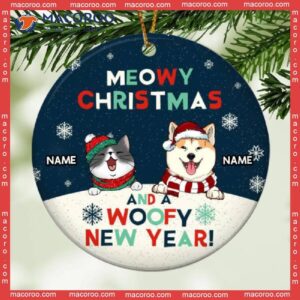 Meowy Christmas And A Woofy New Year, Personalized Cat & Dog Ornament, Snow Circle Ceramic Ornament