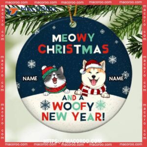 Meowy Christmas And A Woofy New Year, Snow Circle Ceramic Ornament, Personalized Cat &amp; Dog Ornament, Corgi Ornament
