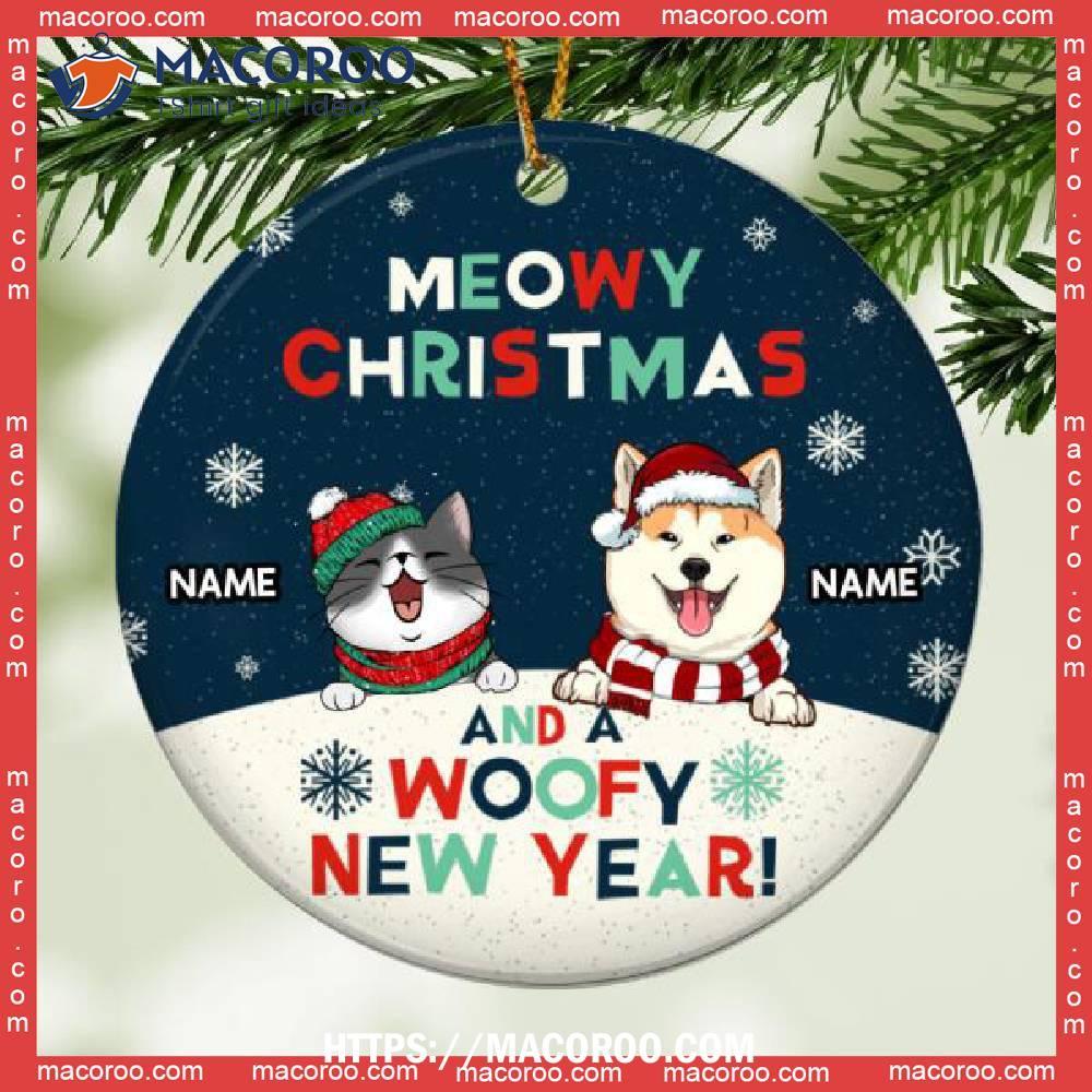 Meowy Christmas And A Woofy New Year, Snow Circle Ceramic Ornament, Personalized Cat & Dog Ornament, Corgi Ornament