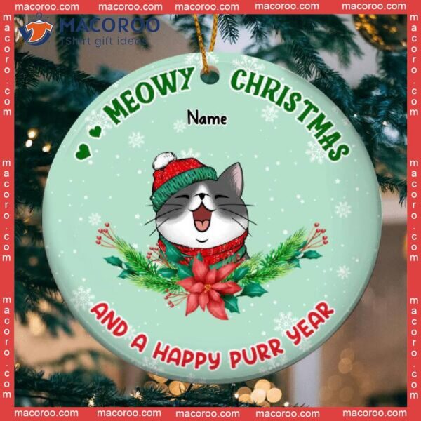 Meowy Christmas And Happy Purr Year, Mint Color Background, Personalized Cat Lovers Decorative Ornament