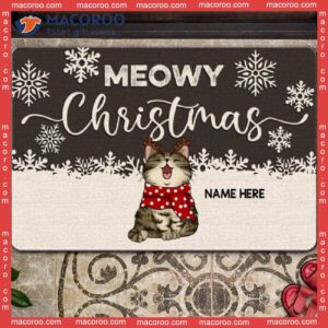 Meowy Christmas Brown Wooden White Snowflake Holiday Doormat,christmas Custom Doormat, Gifts For Cat Lovers
