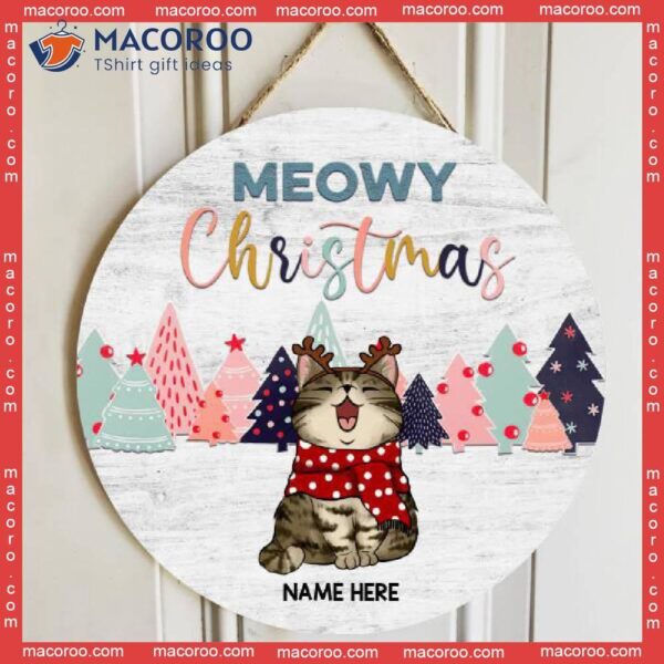 Meowy Christmas, Christmas Cat With Pine Trees, Silver Wooden, Personalized Wooden Signs