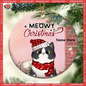 Meowy Christmas Circle Ceramic Ornament, Pink Background, Hallmark Cat Ornaments