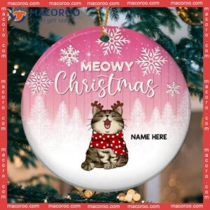 Meowy Christmas Faded Pink Wooden Circle Ceramic Ornament, Personalized Cat Lovers Decorative Ornament