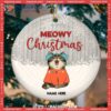 Meowy Christmas Light Gray Wooden Circle Ceramic Ornament, Kitten Ornaments