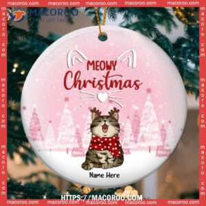 Meowy Christmas Pink Snow Circle Ceramic Ornament, Personalized Cat Ornaments