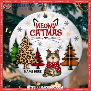 Meowy Christmas Plaid & Leopard Tree Circle Ceramic Ornament, Bengals Christmas Ornaments