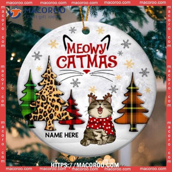 Meowy Christmas Plaid & Leopard Tree Circle Ceramic Ornament, Bengals Christmas Ornaments