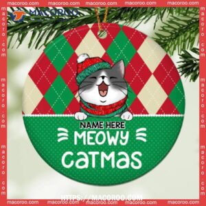 Meowy Christmas, Plaid & Polka Dots Circle Ceramic Ornament, Cat Christmas Tree Ornaments