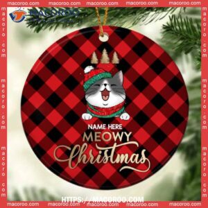 Meowy Christmas Red Plaid Background Circle Ceramic Ornament, Kitty Ornaments
