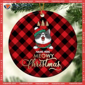 Meowy Christmas Red Plaid Background Circle Ceramic Ornament, Personalized Cat Lovers Decorative Ornament
