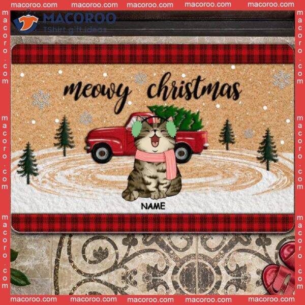 Meowy Christmas Red Truck & Tree Outdoor Door Mat,christmas Personalized Doormat, Gifts For Cat Lovers