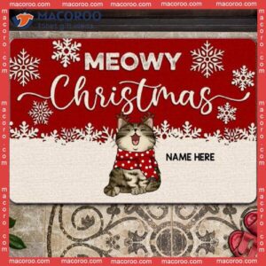 Meowy Christmas Red Wooden White Snowflake Holiday Doormat,christmas Custom Doormat, Gifts For Cat Lovers