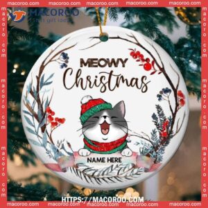 Meowy Christmas Watercolor Banner White Circle Ceramic Ornament, Cat Tree Ornaments