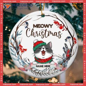 Meowy Christmas Watercolor Banner White Circle Ceramic Ornament, Personalized Cat Lovers Decorative Ornament