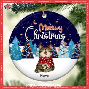 Meowy Christmas, Winter Night Forest, Cat Breeds Circle Ceramic Ornament, Cat Ornaments For Christmas Tree