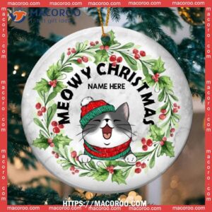 Meowy Xmas Berries Around White Marble Circle Ceramic Ornament, Cat Christmas Ornaments Personalized