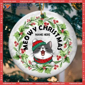 Meowy Xmas Berries Around White Marble Circle Ceramic Ornament, Personalized Cat Lovers Decorative Christmas Ornament
