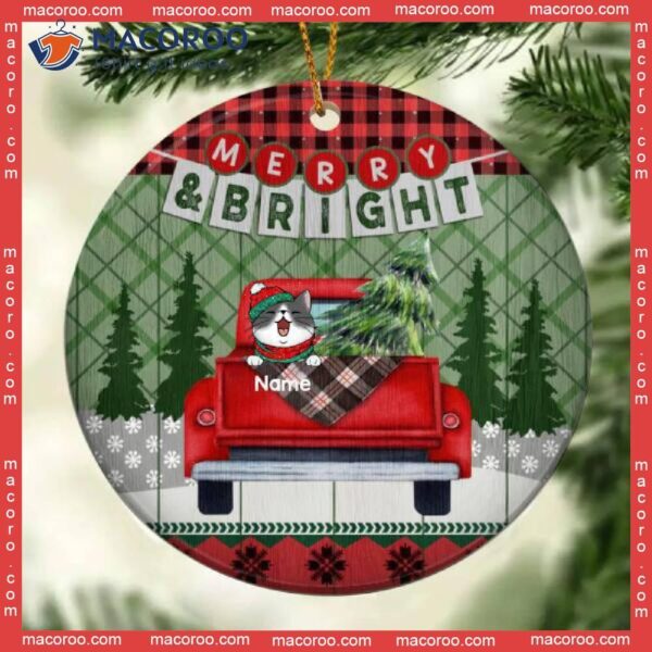 Merry And Bright Red & Green Plaid Circle Ceramic Ornament, Personalized Cat Lovers Decorative Christmas Ornament