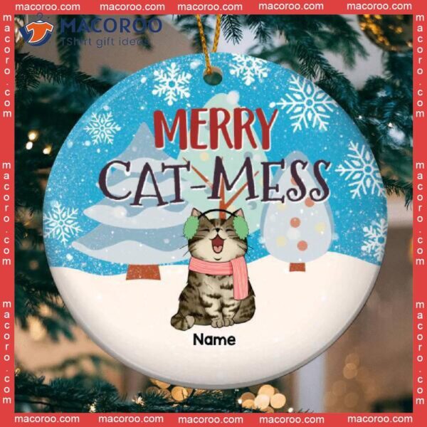 Merry Cat-mess, Personalized Cat Breeds Circle Ceramic Ornament, Lovers Gifts, Winter Forest & Snowflake