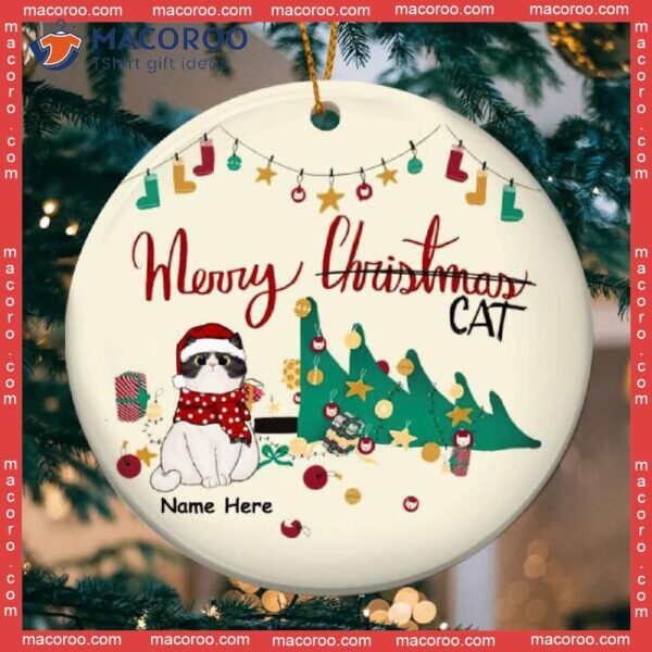 Merry Cat, Personalized Cat Christmas Ornament, Funny Fallen Tree