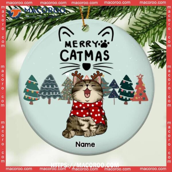 Merry Catmas, Cute Christmas Trees Circle Ceramic Ornament, Bengals Christmas Ornaments